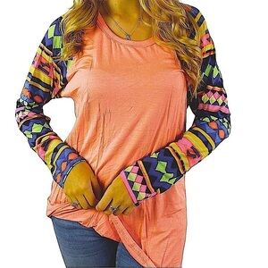 3/$30 MISS 2 DAY Neon Round Neck Top in Coral with Multi-Color Printed Sleeves